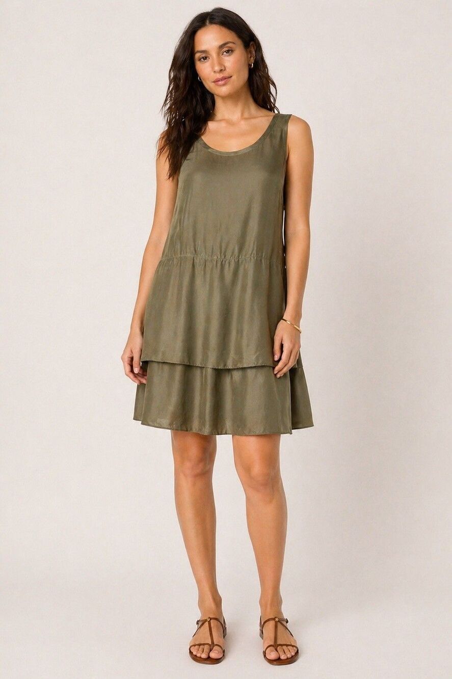 Banana Republic Petite S 100% Silk Olive Green Tiered Shift Dress Sleeveless